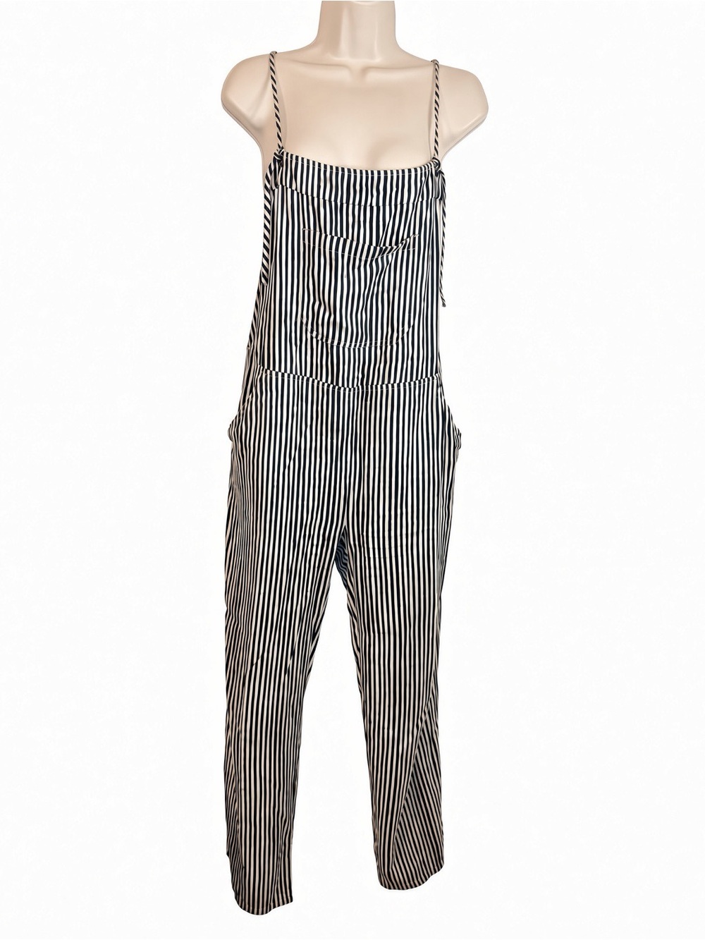 Billabong Black White Striped Overalls Jumpsuit Size M Adjustable Straps Pockets